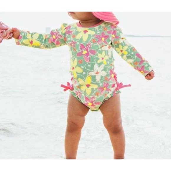 Ruffle Butts Floral Long Sleeve Waltzing on Water Print Swimsuit Size 12-18M - Picture 1 of 6